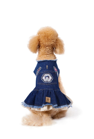 Bej Etekli Koyu Yıkama Denim Köpek Elbisesi “Kiss”