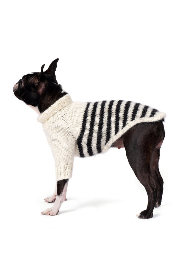 Hand-Knitted Cream-Black Striped Dog Sweater Regular Fit