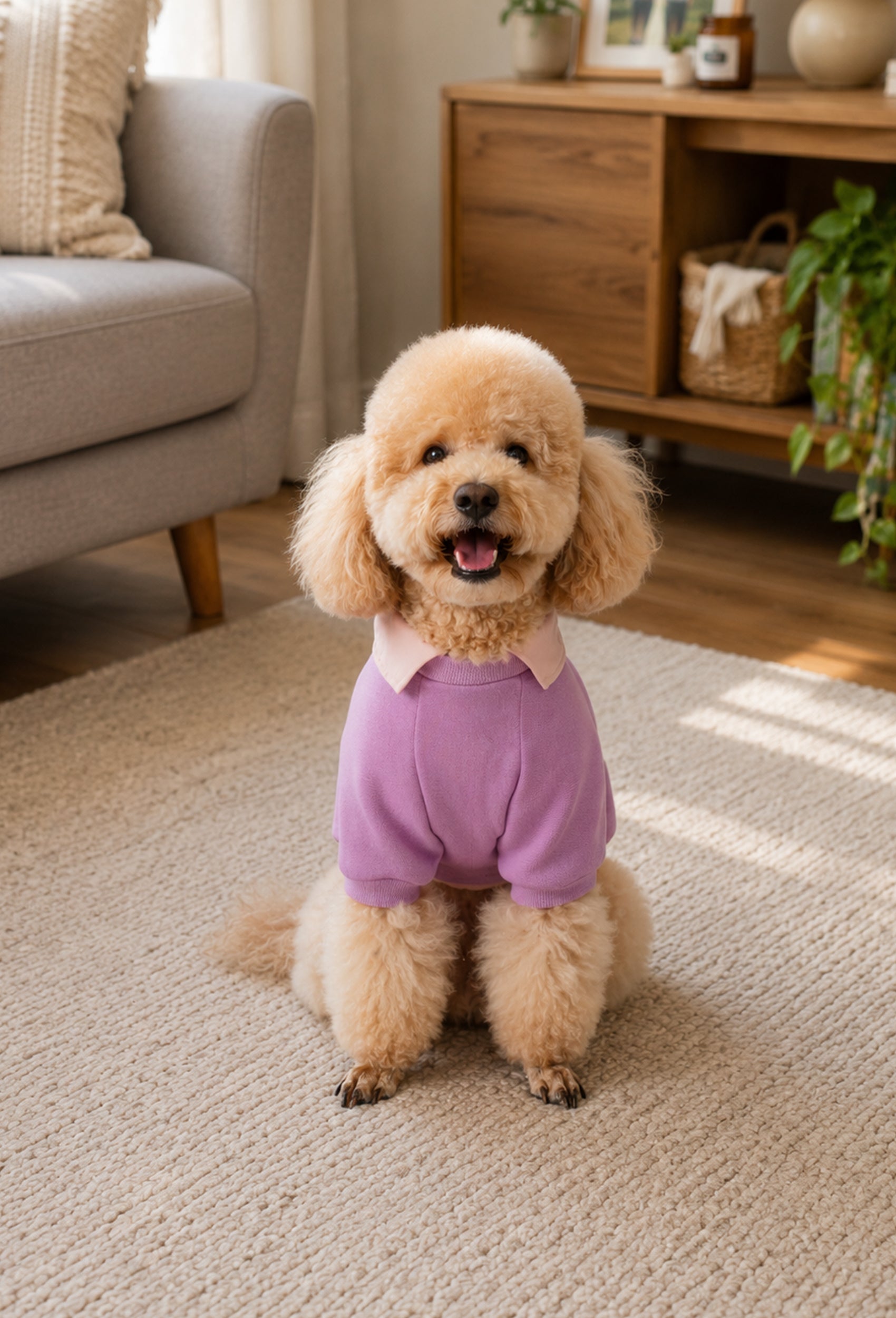 Açık mor Nerd Girl köpek sweatshirt giyen apricot toy poodle oturma odasında önden lifestyle görünüm