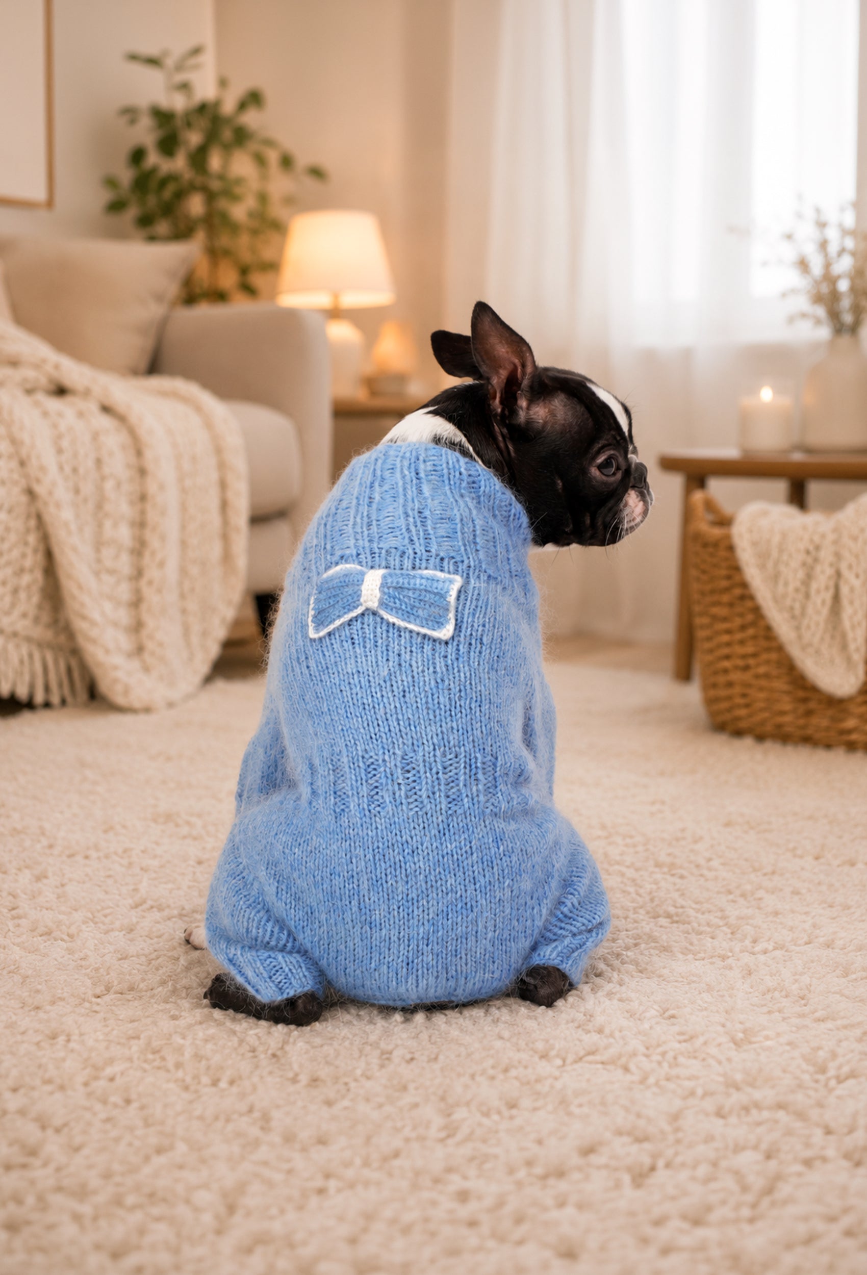 Boston Terrier üzerinde bebek mavisi papyonlu el örgüsü köpek tulumu, evde arka görünüm