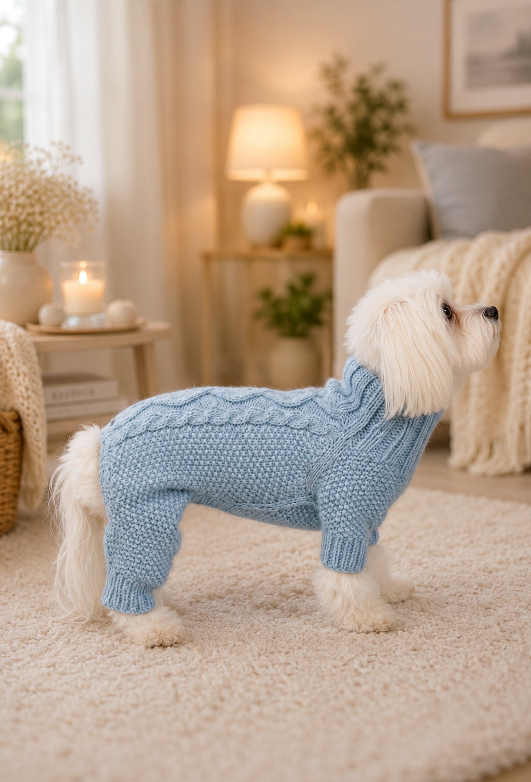 Maltese köpek üzerinde buz mavisi pirinç desenli burgu örgü el örgüsü köpek tulumu, sıcak ev ortamında