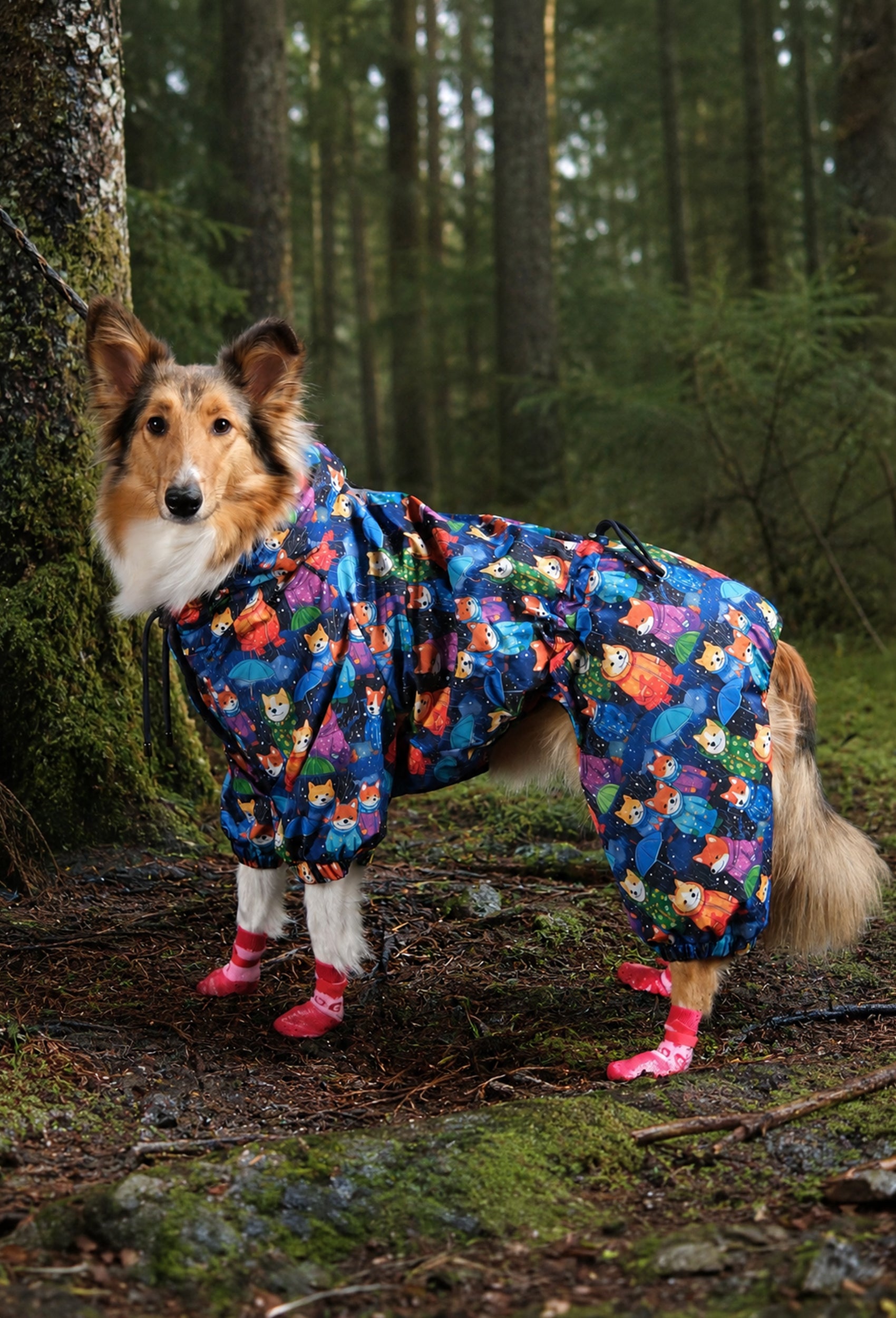 Rough Collie Nordic Pups su geçirmez köpek tulumu ile orman yürüyüşünde