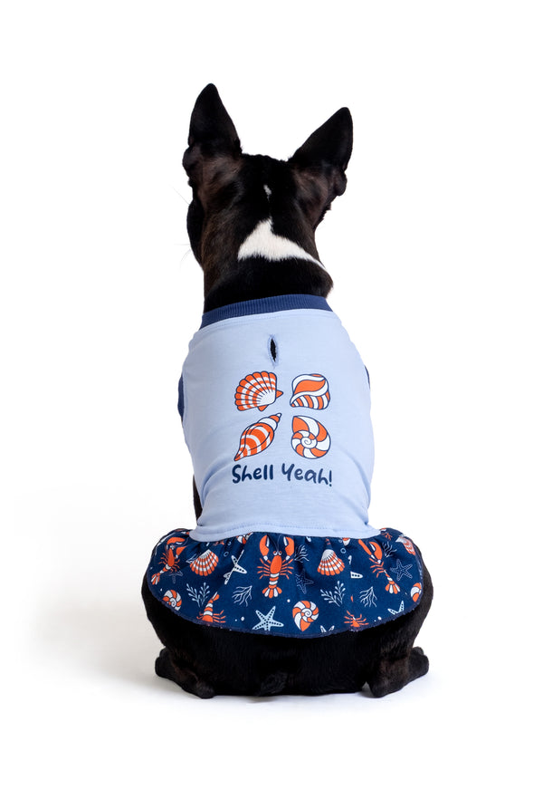 Cotton Baby Blue Dog Dress “Shell Yeah!”
