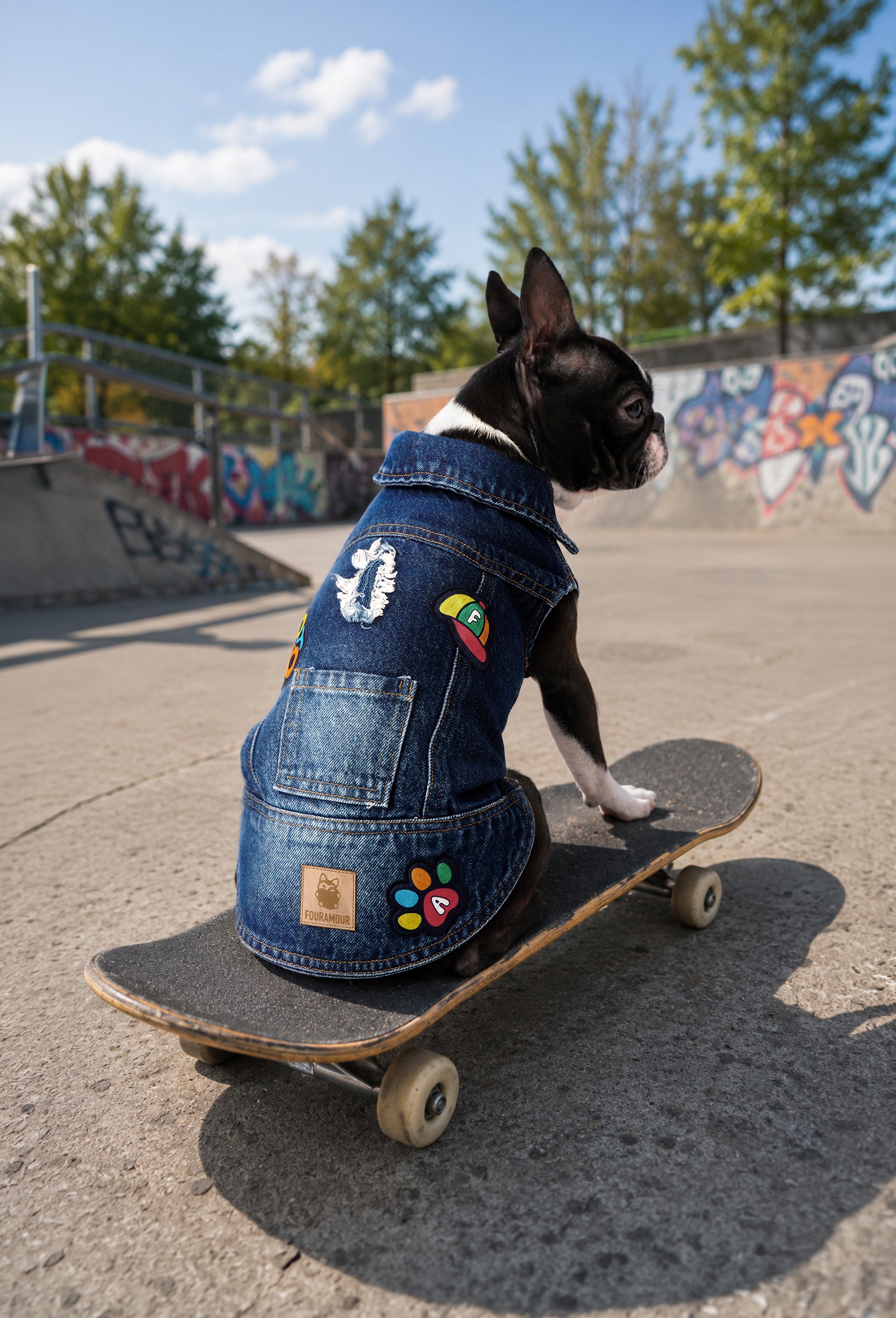 Koyu yıkama denim Badboy köpek yeleği giyen Boston Terrier kaykay üzerinde outdoor lifestyle
