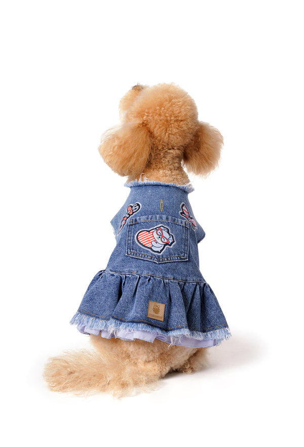 Mavi Etekli Koyu Kar Yıkama Denim Köpek Elbisesi “Girls”
