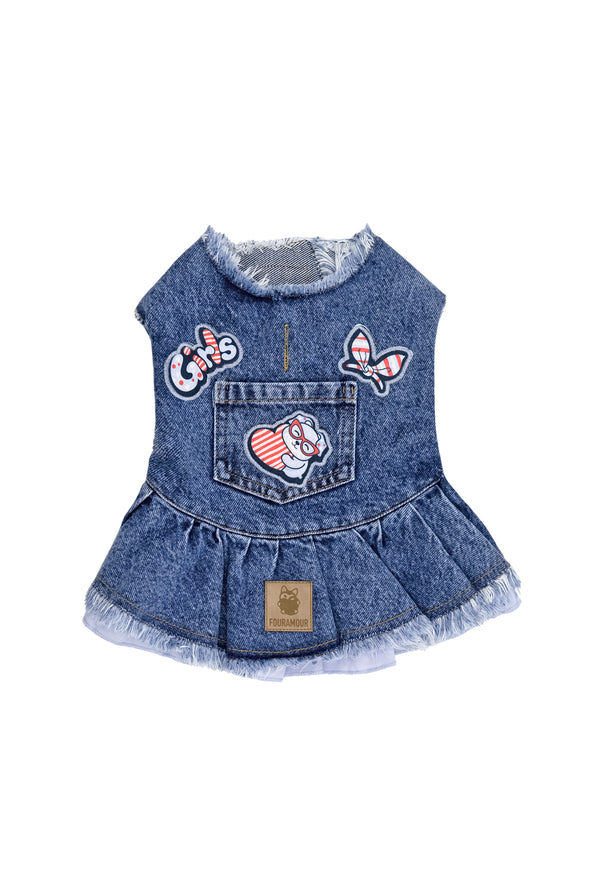 Mavi Etekli Koyu Kar Yıkama Denim Köpek Elbisesi “Girls”