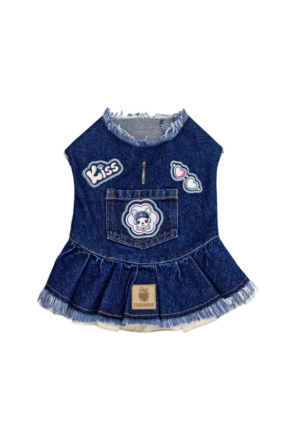 Bej Etekli Koyu Yıkama Denim Köpek Elbisesi “Kiss”