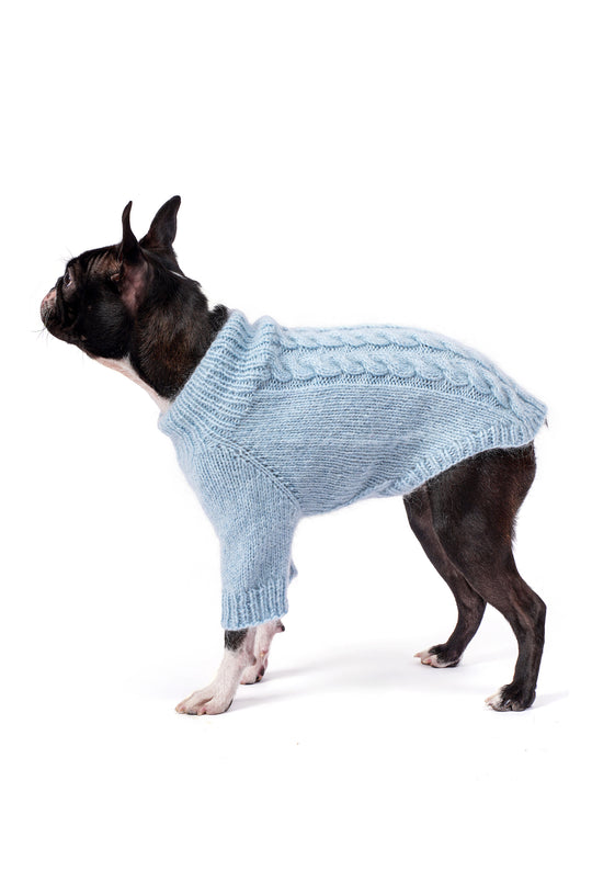 Boston Terrier üzerinde buz mavisi saç örgü desenli basic köpek kazağı, regular fit yan görünüm