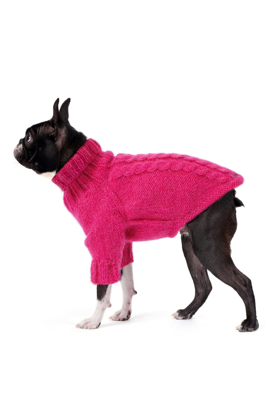 Boston Terrier üzerinde fuşya rengi el örgüsü köpek kazağı, regular fit yan görünüm