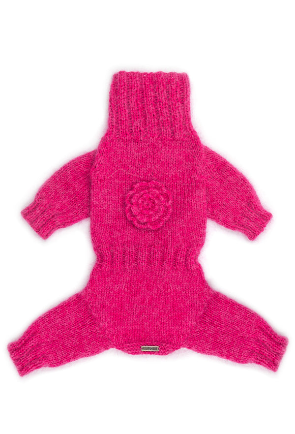 El Örgüsü Çiçek Detaylı Fuşya Rengi Köpek Tulumu Slim Fit