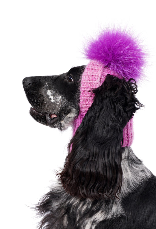El Örgüsü Batik Leylak Ponponlu Köpek Şapkası model köpek üzerinde yan profil görünümü
