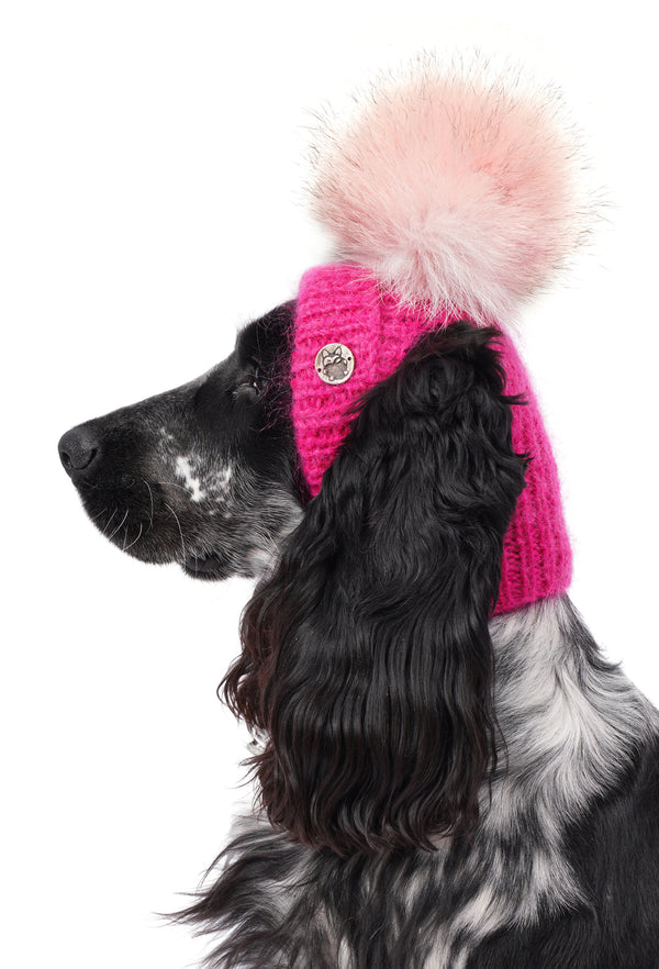 El Örgüsü Fuşya Ponponlu Köpek Şapkası