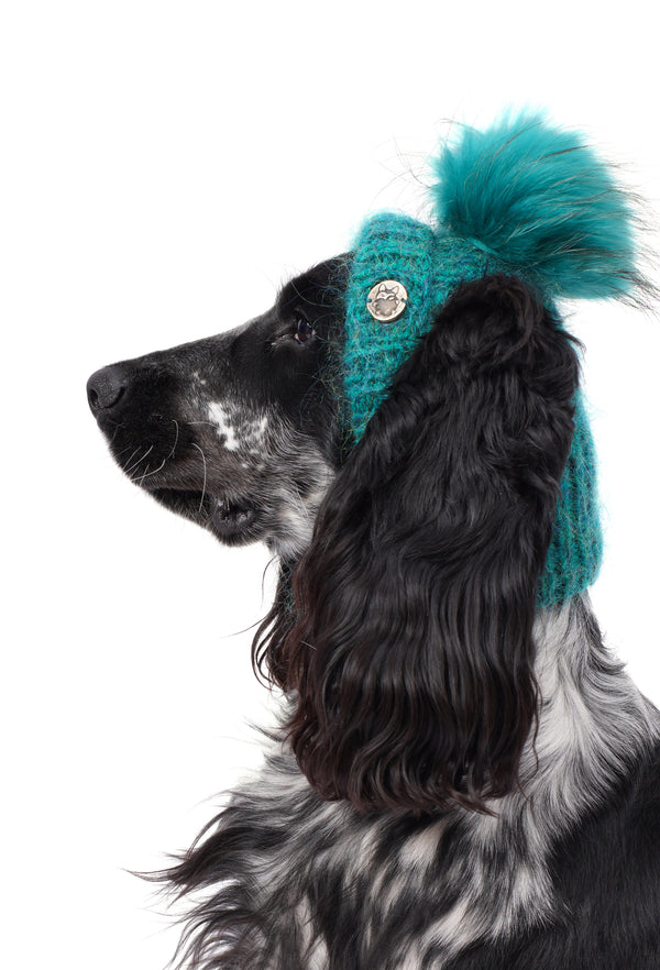 Hand-Knitted Pine Green Pom-Pom Dog Hat