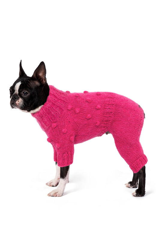 Siyah beyaz Boston Terrier üzerinde fuşya popcorn desenli el örgüsü köpek tulumu, yan görünüm