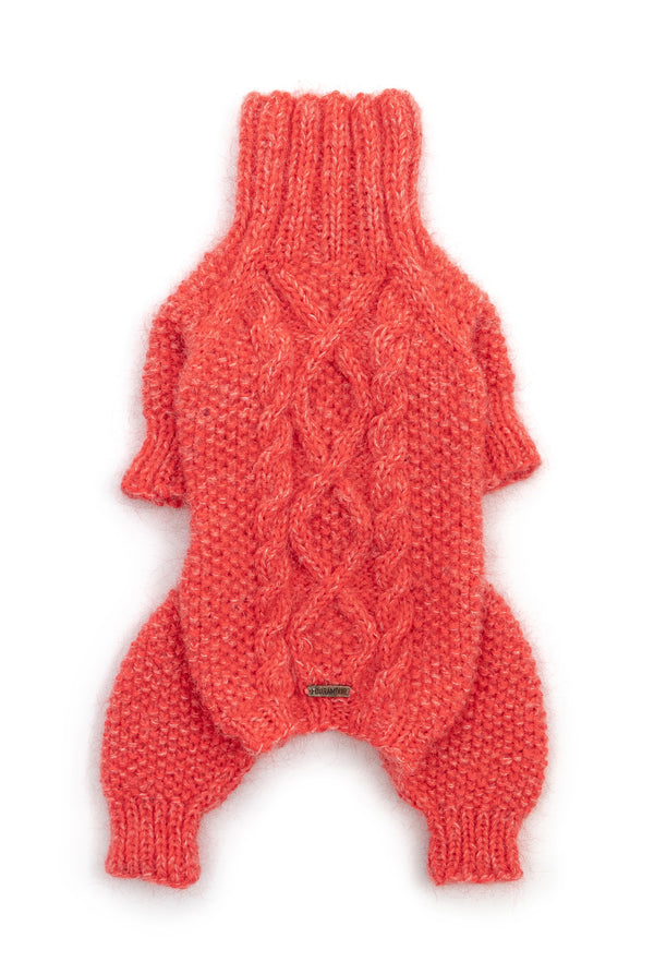 El Örgüsü Mercan Rengi Pirinç Desenli Burgu Örgü Köpek Tulumu Regular Fit