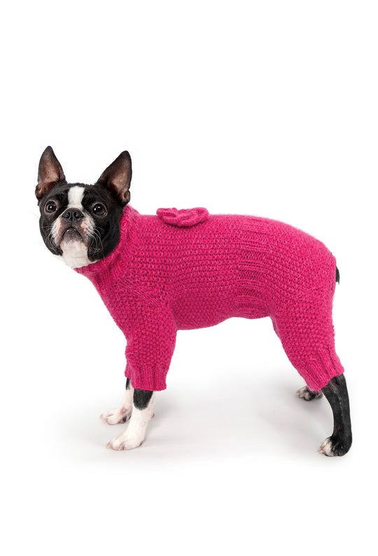 Siyah beyaz Boston Terrier üzerinde fuşya el örgüsü köpek tulumu, çiçek detaylı yan görünüm