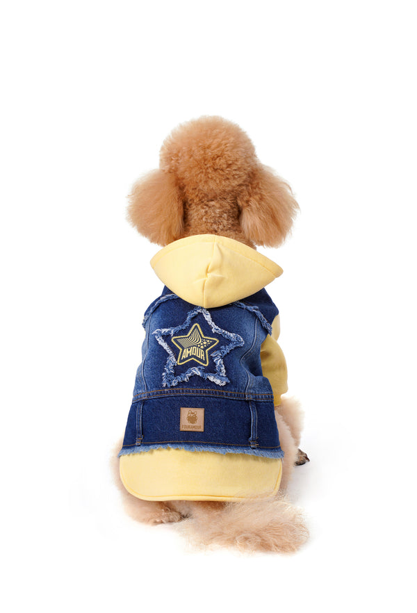 Light Yellow Hooded Dark Wash Denim Dog Jacket