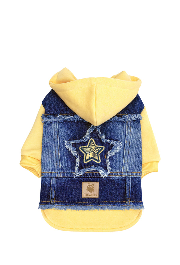 Açık Sarı Kapüşonlu Koyu Yıkama Denim Köpek Ceketi