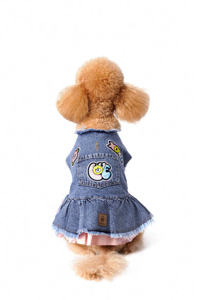 Pembe Etekli Orta Kar Yıkama Denim Köpek Elbisesi “Love”