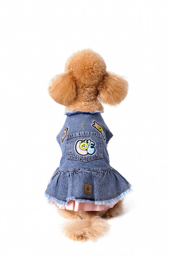 Pink Skirted Mid-Waist Wash Denim Dog Dress “Love”