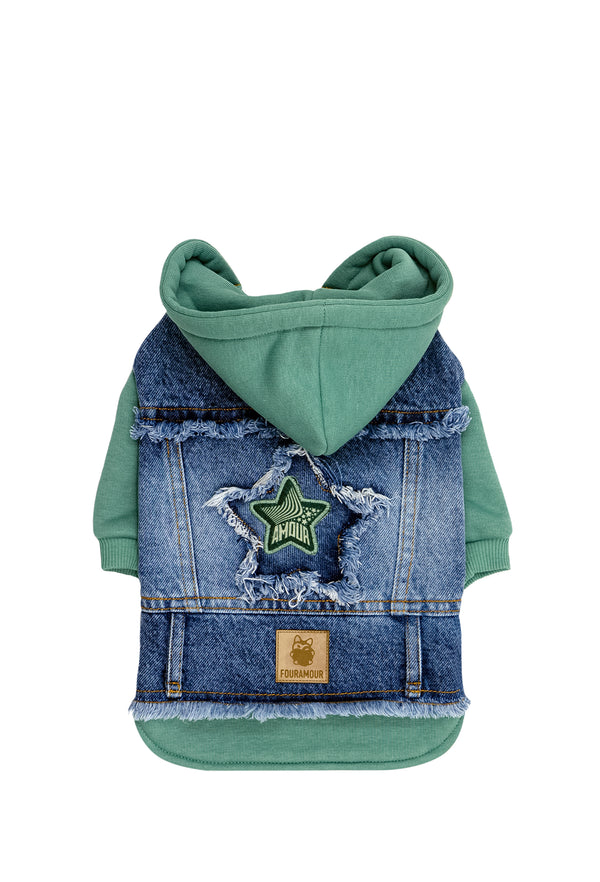 Su Yeşili Kapüşonlu Köpek Denim Ceketi