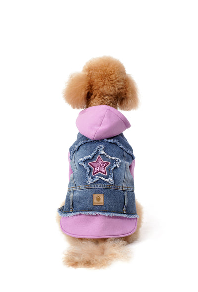 Açık Mor Kapüşonlu Orta Kar Yıkama Denim Köpek Ceketi