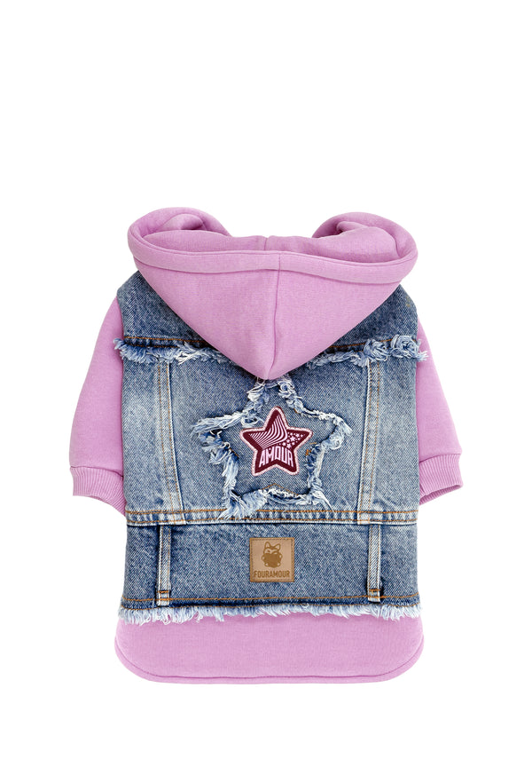 Açık Mor Kapüşonlu Orta Kar Yıkama Denim Köpek Ceketi