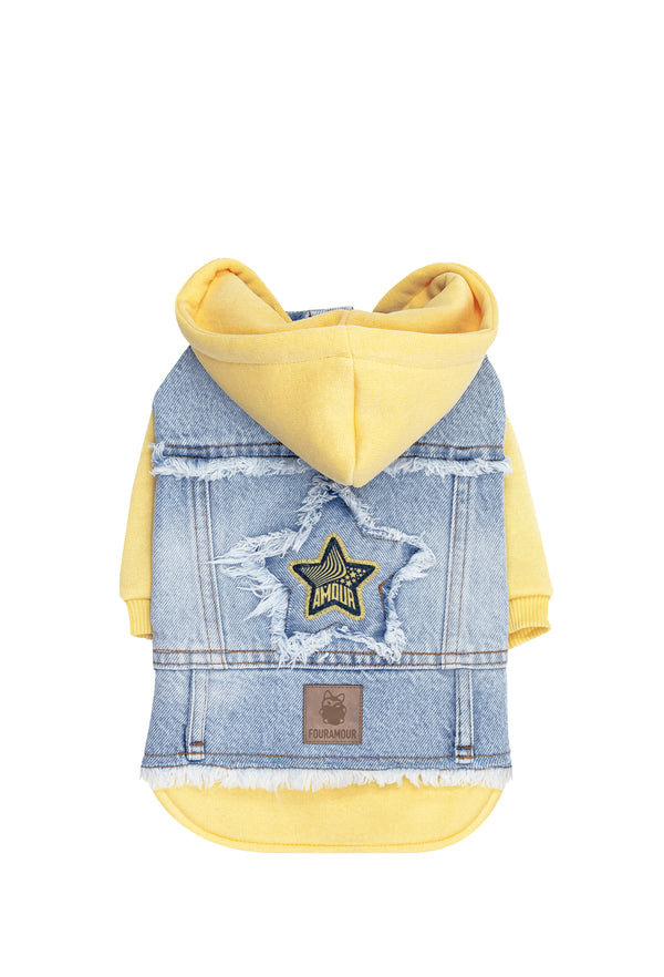 Açık Sarı Kapüşonlu Köpek Denim Ceketi