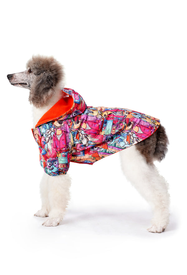 Large Breed Fleece-Lined Waterproof Dog Raincoat “Colorful Dog City”