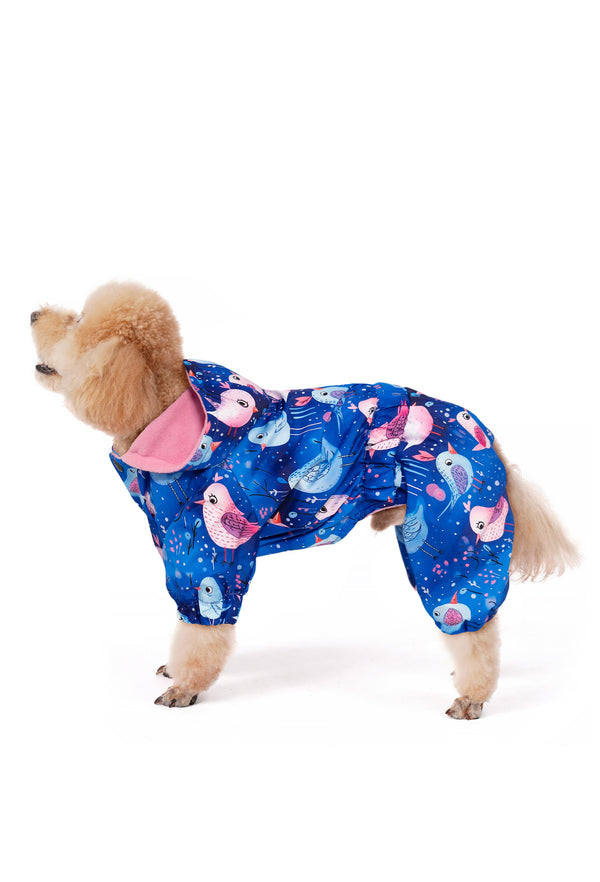 Fleece-lined Waterproof Dog Jumpsuit “Night Birds” 