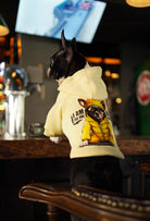 Açık sarı Breaking Bad köpek hoodie giyen Boston Terrier arka baskı detayıyla bar ortamında lifestyle görünüm