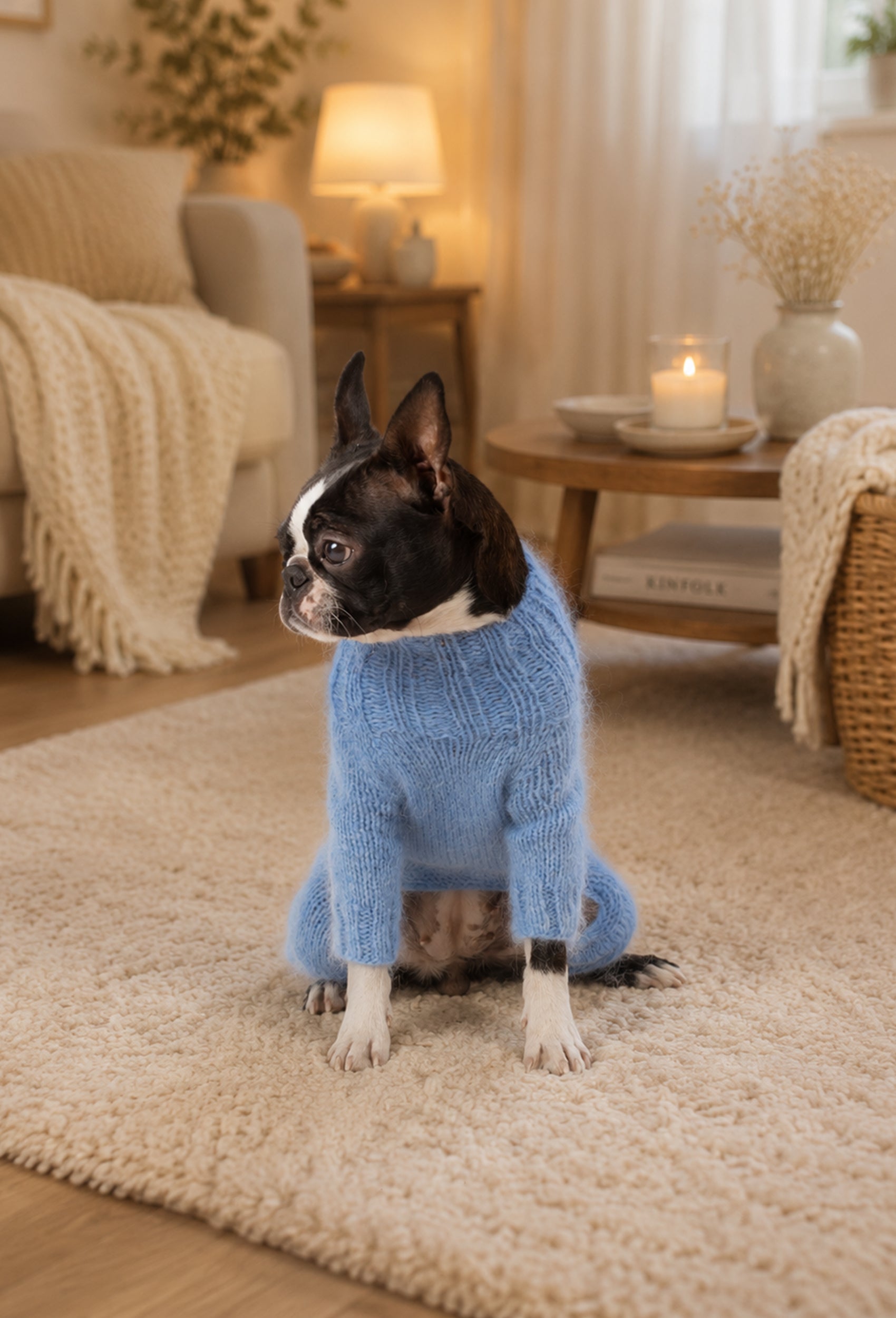 Boston Terrier üzerinde bebek mavisi el örgüsü köpek tulumu, sıcak ev ortamında lifestyle çekim