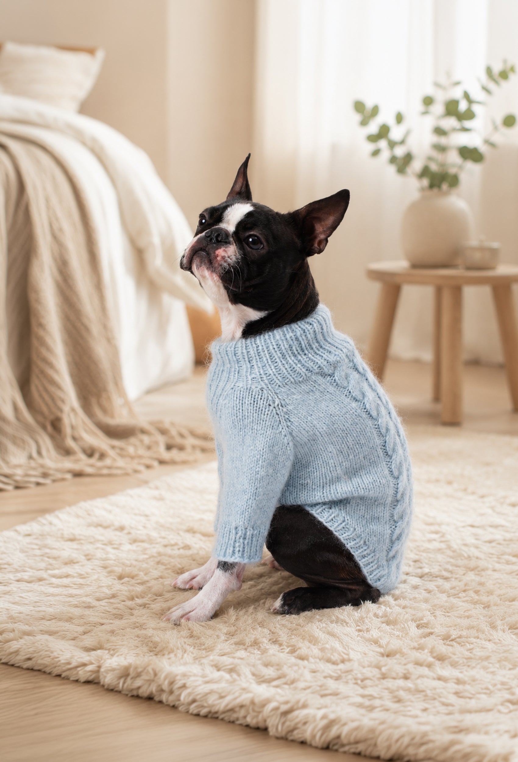 Boston Terrier üzerinde buz mavisi saç örgü köpek kazak, evde sıcak ve şık lifestyle görünüm