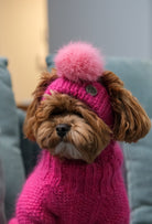 Fuşya ponponlu el örgüsü köpek şapkası takan maltipoo, pembe trikosuyla sıcak bir görünüm sunuyor.