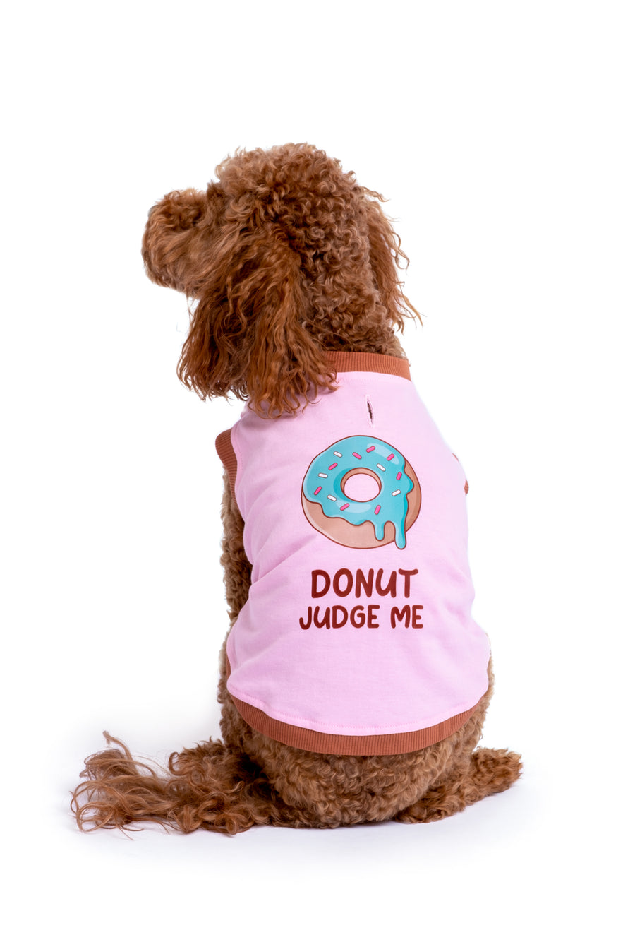 Fouramour Donut Judge Me pamuklu pembe köpek t-shirt arka baskı detaylı görünüm
