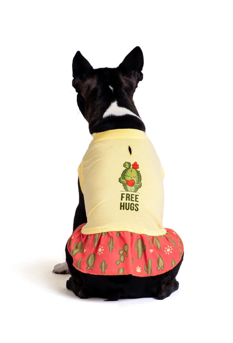 Fouramour Free Hugs pamuklu köpek elbisesi arka görünüm baskı detaylı
