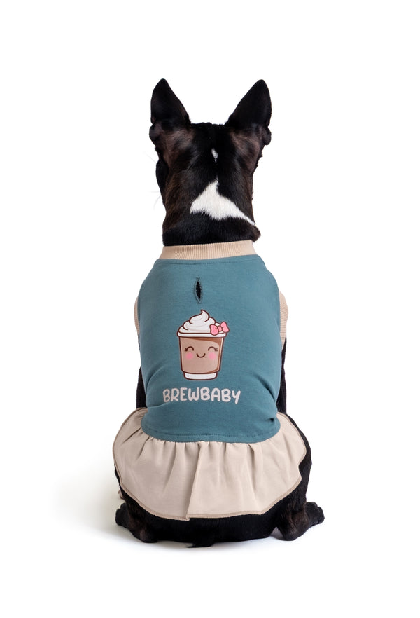 Dark Green Cotton Dog Dress “Brew Baby”