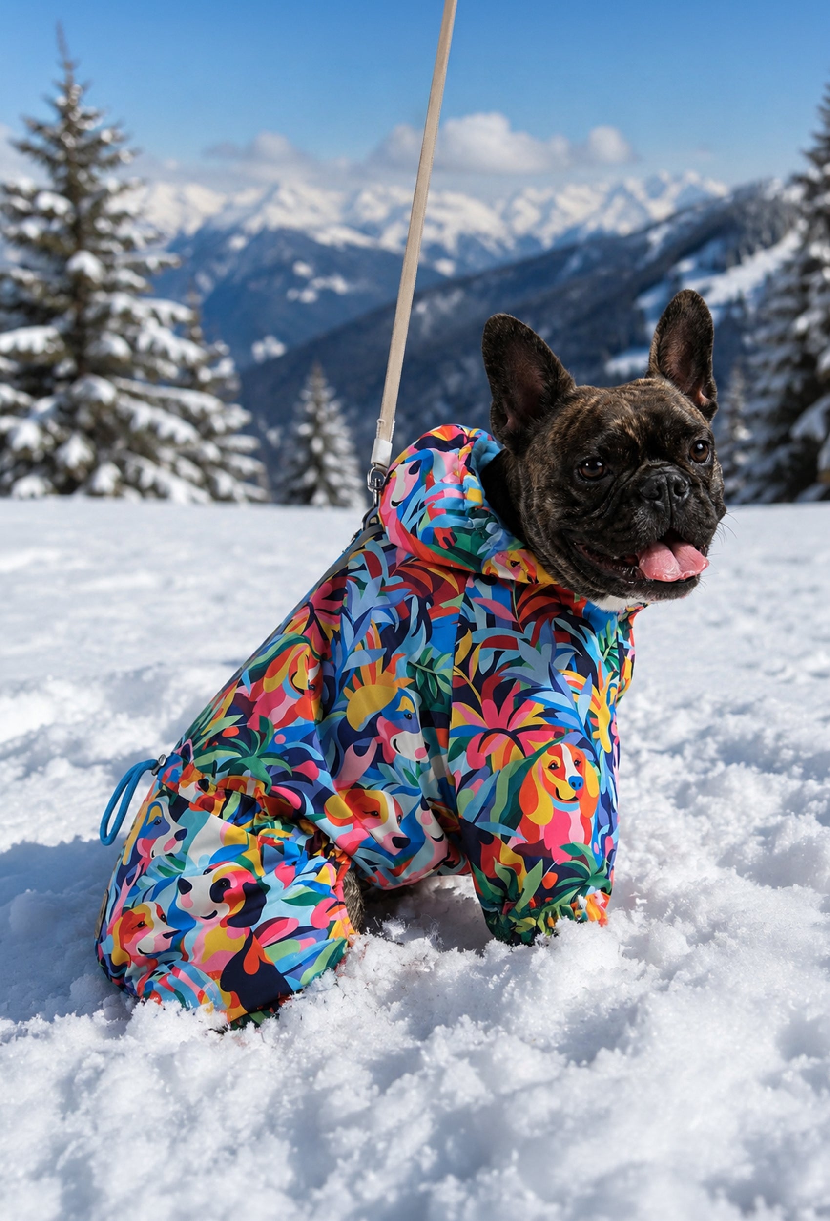 French Bulldog Wonder Forest su geçirmez köpek tulumu ile karlı dağda