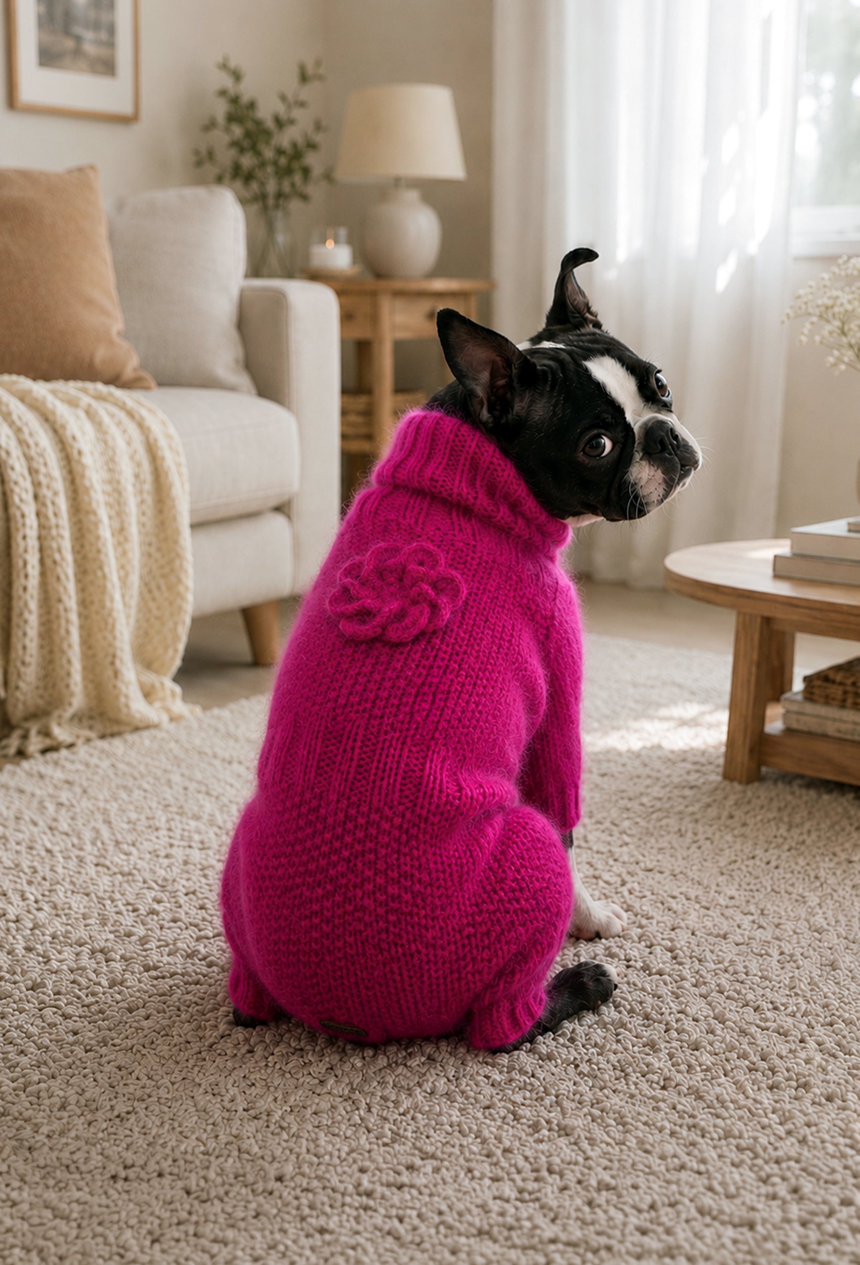 Boston Terrier üzerinde fuşya çiçek detaylı el örgüsü köpek tulumu, evde şık ve sıcak görünüm