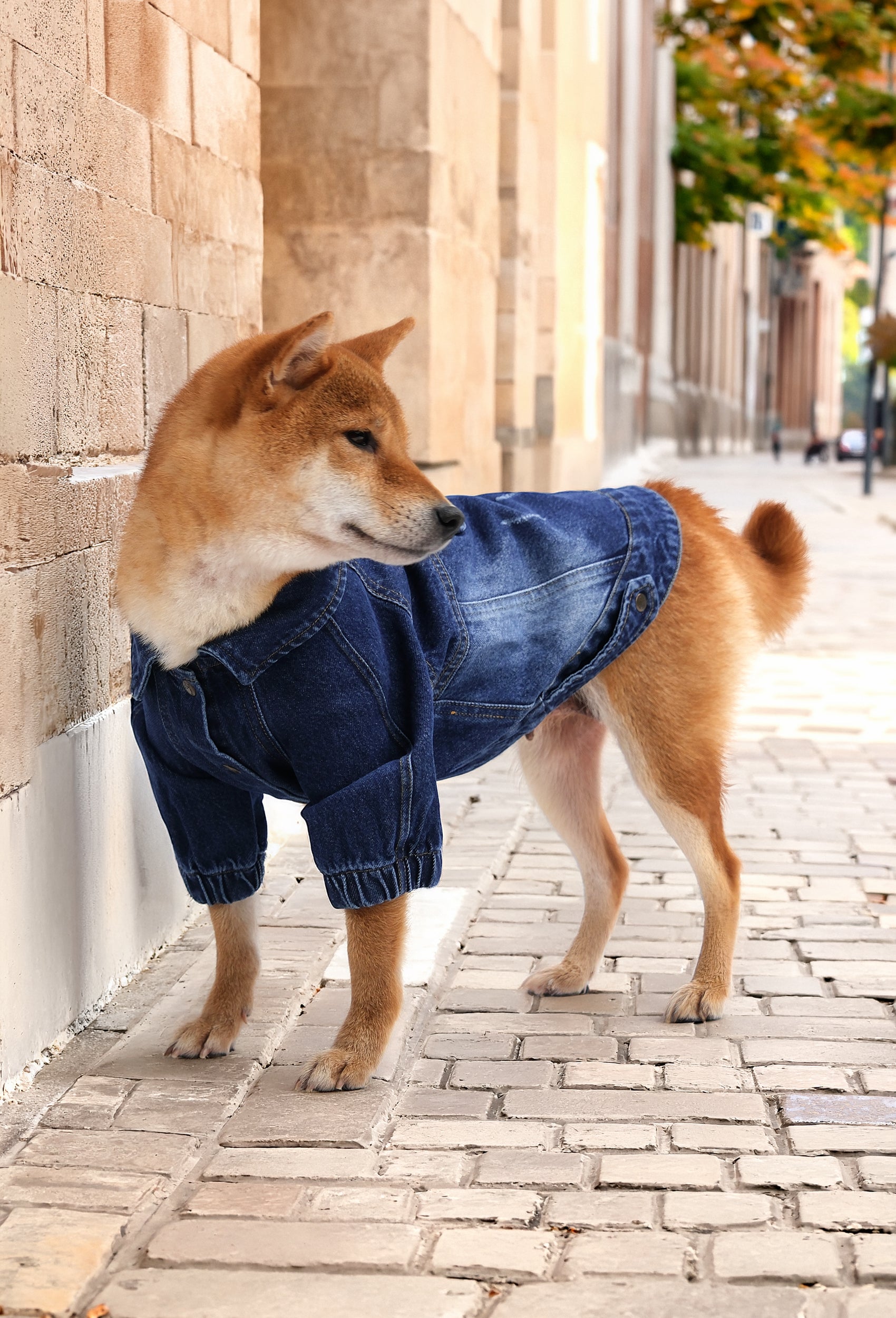 Koyu yıkama denim köpek ceketi Rodeo giyen Shiba Inu şehir ortamında dış mekanda şık köpek kıyafeti istanbulda yürüyüşte