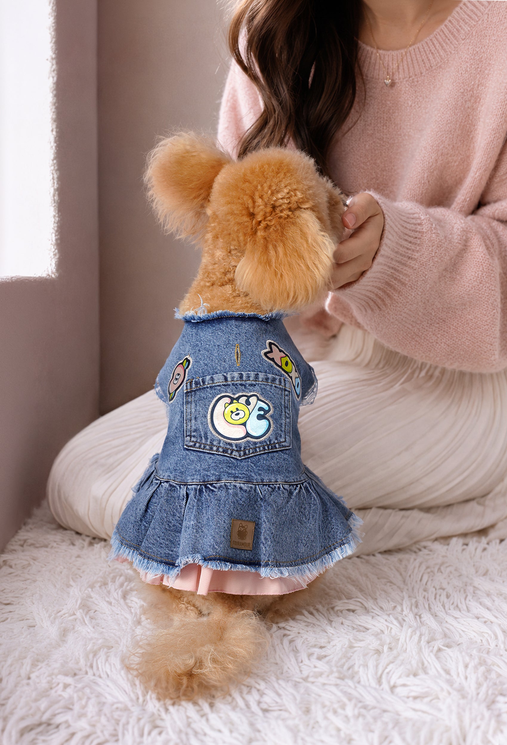 Pembe etekli orta kar yıkama denim köpek elbisesi Love giyen küçük kıvırcık köpek ev ortamında sahibiyle oturuyor
