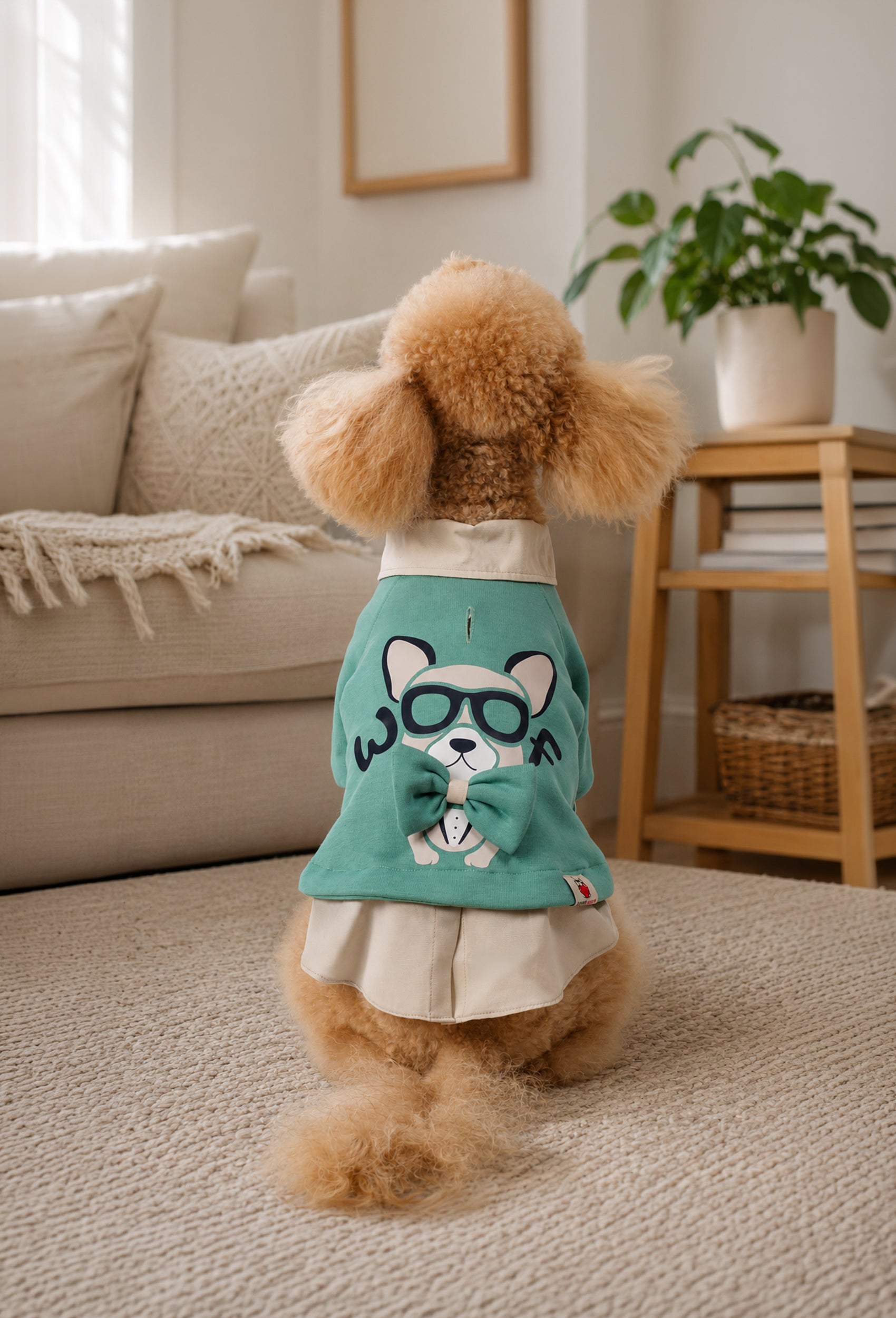 Su yeşili Woof köpek sweatshirt giyen apricot poodle ev ortamında ankarada arkadan lifestyle çekim